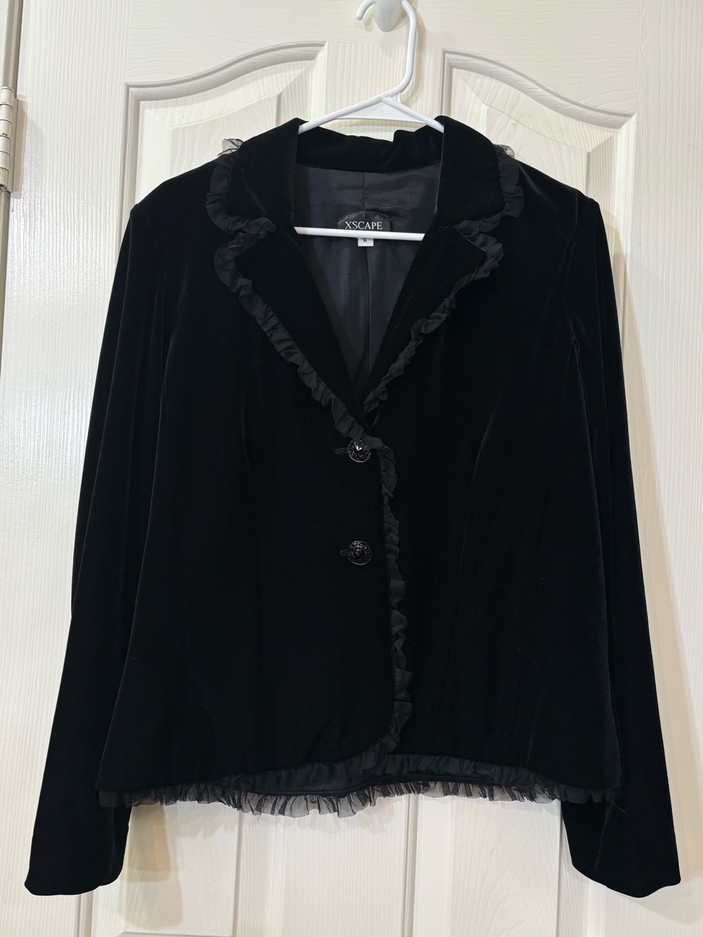Xscape Black Velvet Ruffle Trim Blazer